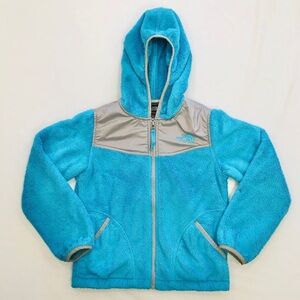 The North Face Girl's Denali Hooded Fleece Jacket Aqua Blue/Gray Small (7-8)